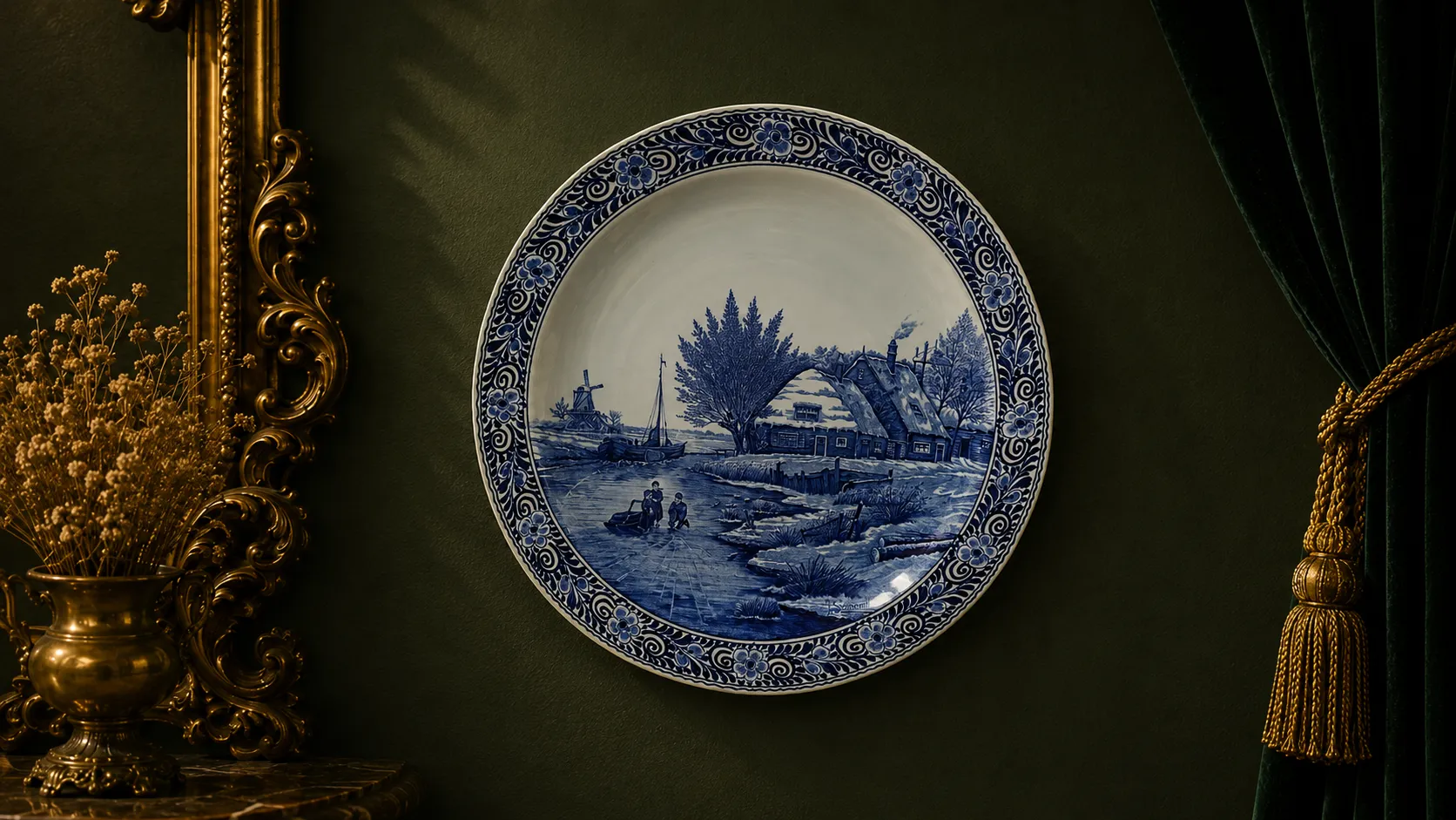 Polychrome Boch Belgium Manzara Dvuar Tabağı antika ürün